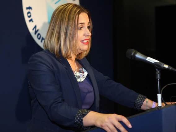 Sinn Fein's Elisha McCallion delivers her acceptance speech after becoming MP for Foyle