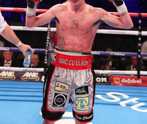 Derry super bantamweight Tyrone McCullagh celebrates his seventh professional win after a dominant display on the Sky Sports televised world title bill in Belfast.