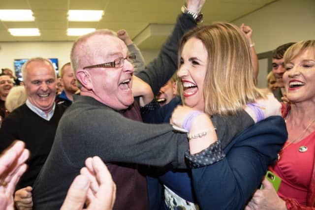 Sinn Feins Elisha McCallion celebrates her election success with party activists.