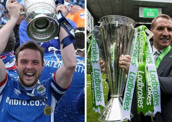 Linfield's Jamie Mulgrew and Celtic's Brendan Rodgers celebrate their teams respective league successes