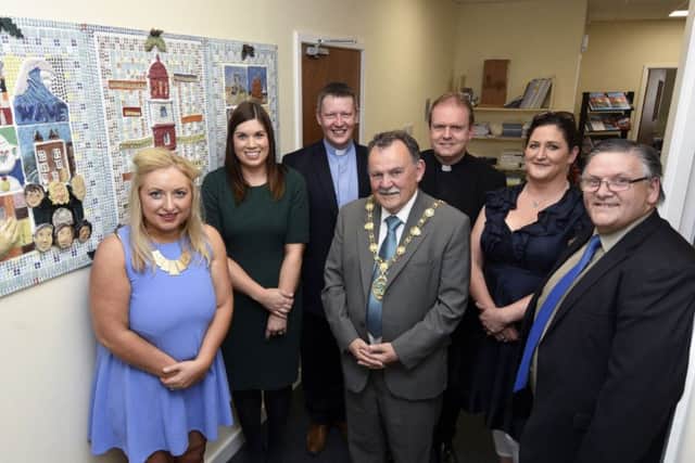 The Mayor, Councillor MaolÃ­osa McHugh pictured at the official opening of the new Wave Trauma Centre offices on Wednesday morning. Included are, from left, Pamela Hogg, Administrator, Johann Coyle, Project Manager, Archdeacon Robert Miller, Rev Joe Gormley, Aileen Ui Bhaoill, Outreach Worker, and Eamon Lafferty, Welfare Advisor. DER2417-119KM