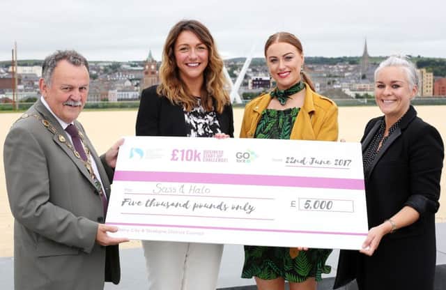 The Mayor of Derry City and Strabane District Council, Councillor MaolÃ­osa McHugh presenting Derry City and Strabane District Council Â£10k Business Challenge winner Aoife Doherty (Sass & Halo) with her Â£5,000 cheque. Also included is Tara Nicholas, Business Officer, Derry City and Strabane District Council (DCSDC) and 10K Business Challenge judge Leanne Doherty, Beam Centre.