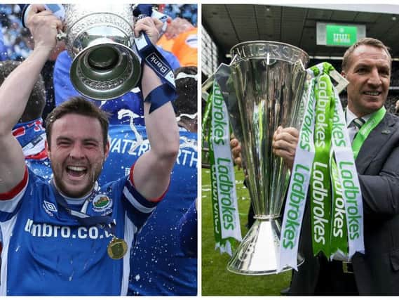 Linfield's Jamie Mulgrew and Celtic's Brendan Rodgers celebrate league success with their respective clubs