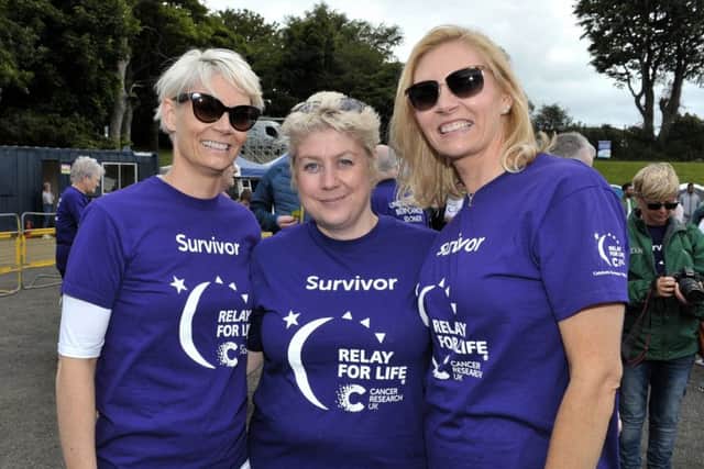 Cancer survivors Orla Gallagher, Teresa Moore and Lisa Williamson pictured at the Relay for Life cancer charity event in St Columbs Park on Saturday afternoon last. DER2517GS102