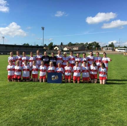 The Derry Ladies senior side before they defeated Antrim to progress to the Ulster Junior Final. Missing from photo is Ciara McGurk who turned up 10 minutes after throw-in after a 'disastrous' return trip from the USA.