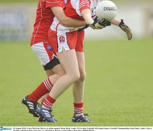 A youthful Ciara McGurk in action for Derry in August 2010 in the TG4 Ladies Football All-Ireland Junior Football Championship Semi-Final against Louth at St Oliver Plunkett Park, Emyvale, Co. Monaghan.
