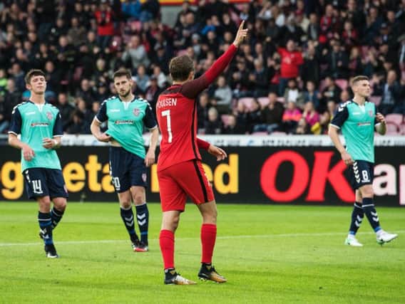 Midtjylland's Jakob Poulsen celebrates scoring their third goal from the penalty spot. Picture by Bo Amstrup (Inpho)