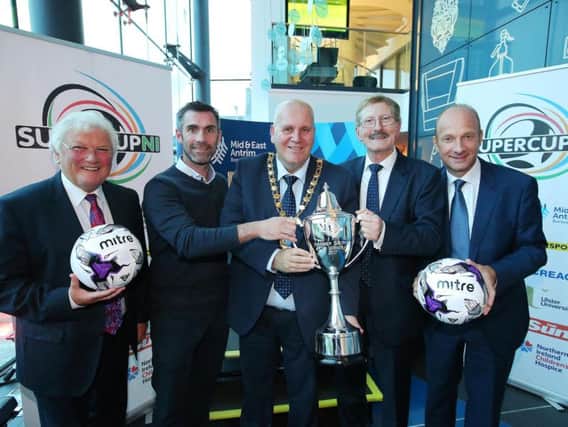 Pictured at the launch from left to right, Jackie Fullerton, Guest of Honour Keith Gillespie, Mayor of Mid and East Antrim, Councillor Paul Reid, Victor Leonard, SuperCup NI and Stephen Watson.