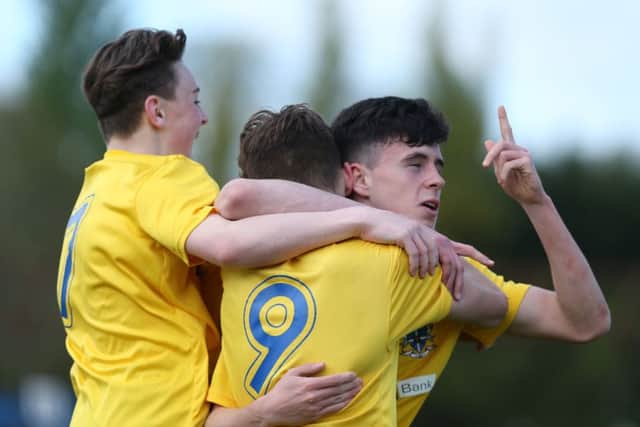 Jordan McEneff celebrates scoring for St Columb's College  against St Patrick's (Belfast) during the  NISFA Finals Day at Ballymena Showgrounds.