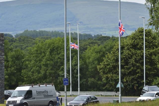 The flags at Caw Roundabout on Monday afternoon. DER2717GS002