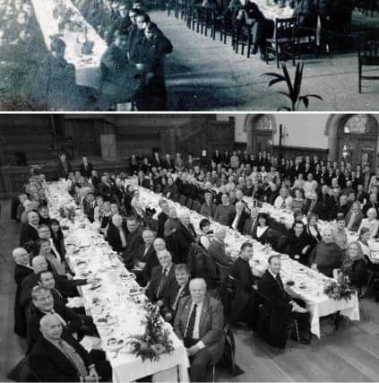 Then and now: (top) The survivors of the Laurentic pictured in the Guildhall in January 1917 and (below) their descendants and members of the public recreating the scene 100 years later.