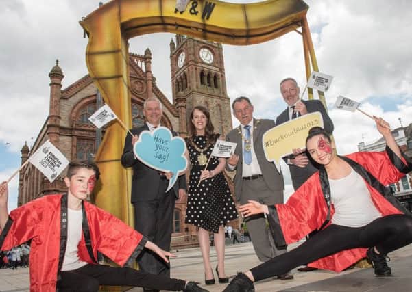 Belfast Lord Mayor, Councillor  Nuala McAllister and Derry City and Strabane District Council Mayor, Councillor MaolÃ­osa McHugh pictured at the launch of the joint bid for the two cities to become the European Capital of Culture in 2023 with John Kelpie. Chief Executive Derry City and Strabane District Coumcil, Donal Durkan, Director of Development, Belfast City Council ane dancers Kai Umetsu and Treasa Sweeney. Picture Martin McKeown. Inpresspics.com. 05.07.17