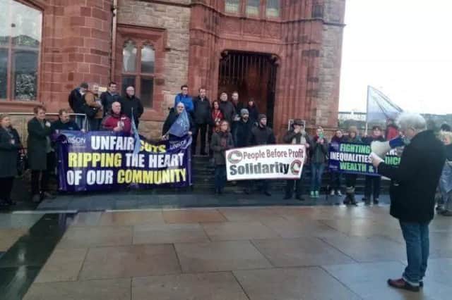 Protesters gathered outside the Guildhall earlier this year calling for a funding resolution to the crisis facing Foyle Haven