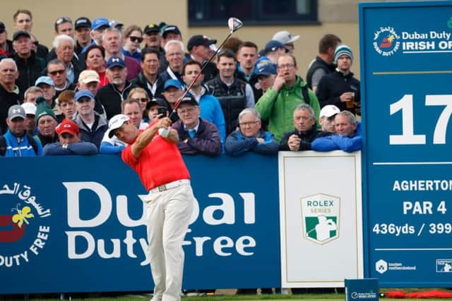Padraig Harrington tees off on the17th hole during round 2 of the Dubai Duty Free Irish Open Golf Championship.