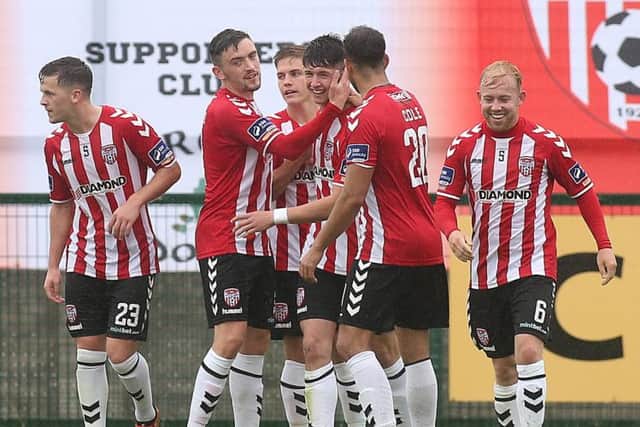 Derry's Rory Holden celebrates his first senior goal.
  Photo Lorcan Doherty / Presseye.com