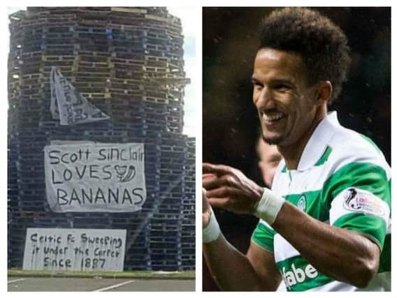 The banner which was placed on the bonfire in east Belfast and Celtic player Scott Sinclair.