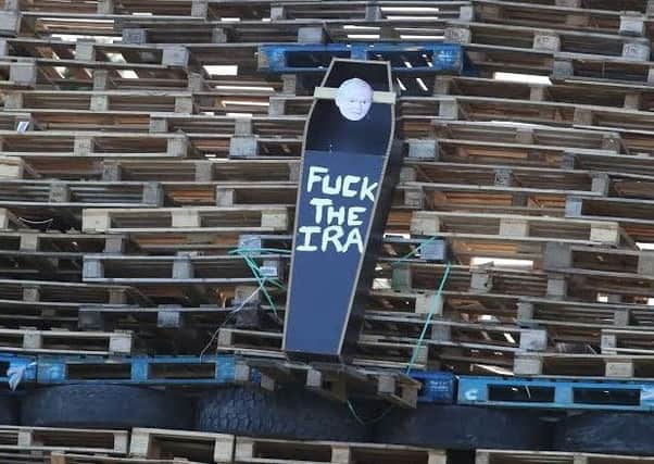 The effigy placed on the bonfire at Clonduff Road in East Belfast. (Photo: P/A)