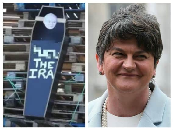 The effigy of Martin McGuinness on a bonfire in Belfast earlier this week and DUP leader, Arlene Foster.