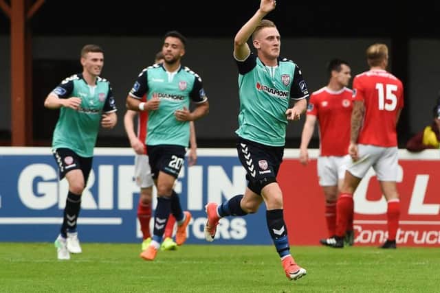 Ronan Curtis celebrates giving Derry City a first half lead against St Pat's at Richmond Park.