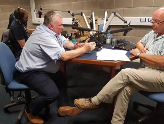 Broadcaster Stephen Nolan (left) being grilled by TUV leader and MLA, Jim Allister on the Nolan Show on Thursday morning. (Photo: Stephen Nolan/Twitter)