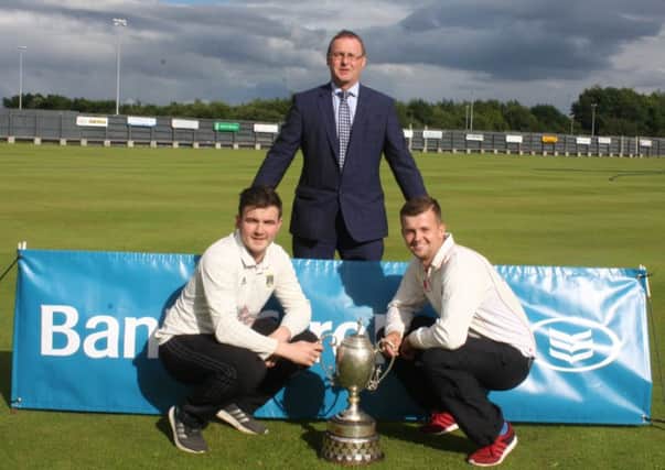 Ian Stone (Bank of Ireland) along with captains Ricky-Lee Dougherty (Donemana) and Lee Ritchie (Ballyspallen) ahead of this weekend's senior cup final.