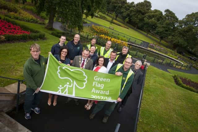 GREEN FLAG AWARD FOR BROOKE PARK. . . .The Mayor of Derry City and Strabane District Council, Councillor Maoliosa Hughes pictured at Brooke Park today (Thursday) with Council Parks and Grounds Staff and The Conservation Volunteers of the park who received the Green Flag Award 2017/18. Included in photo are Karen Phillips, Director of Environment and Regeneration, DCSDC, Danny McCartney, Grounds Maintenance Manager, DCSDC, Colin Kennedy, Parks Development Manager, DCSDC and Emma Bonner, DCSDC.