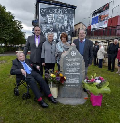 Ivan Cooper, Vincent Coyle, Marian Ferguson, Ann Gibson (sisters of Bishop Daly) and John Hume at the unveiling of  a memorial to Bishop Edward Daly at Glenfada Park in the Bogside in September 2016. DER3616GS095