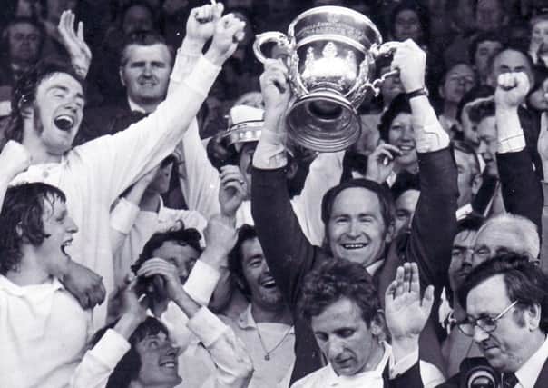 Patsy McGowan and his players celebrate Finn Harps' famous FAI Cup win over St Patrick's Athletic at Dalymount Park in 1974.