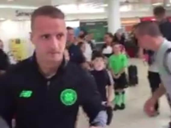 Celtic striker, Leigh Griffiths, pictured in Glasgow Airport earlier today.