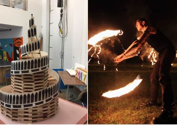 A model of the 'Stairway To Heaven' bonfire sculpture which will be constructed and set alight for the Gasyard Finale and a fire artist performing at last year's festival.
