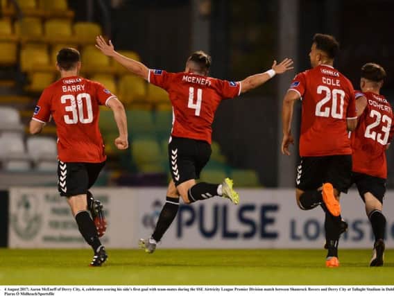 Aaron McEneff celebrates scoring with team-mates during the SSE Airtricity League Premier Division match between Shamrock Rovers and Derry City at Tallaght Stadium in Dublin
