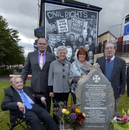 Ivan Cooper, Vincent Coyle, Marian Ferguson, Ann Gibson (sisters of Bishop Daly) and John Hume at the unveiling of  a memorial to Bishop Edward Daly at Glenfada Park in the Bogside in September 2016. DER3616GS095