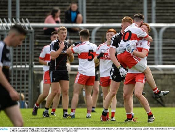 Derry minor players celebrate at full-time following their dramatic All Ireland Minor Championship Quarter-final victory over Sligo in Ballybofey.
