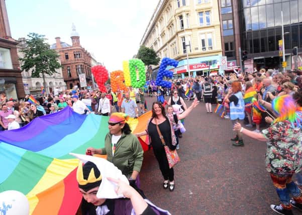 Saturdays annual Belfast Pride event in Belfast city centre celebrating Northern Irelands LGBT community