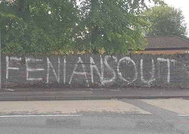 The graffiti which appeared overnight opposite the entrance to Foyle Arena in Derry's Waterside.