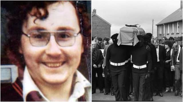 Micky Devine and right, INLA Volunteers carry his coffin at his funeral after he died on Hunger Strike in 1981.