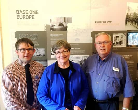 Donna and Ramsey Huffman with Conor Donnelly (on left) at the Base One Europe Museum at the Beech Hill.