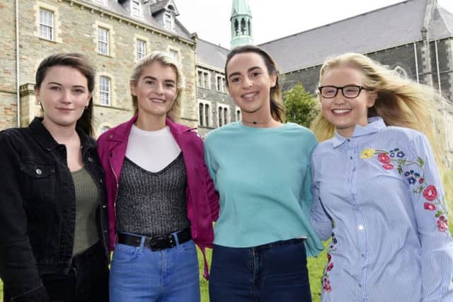 Collecting their 'A' Level results at Lumen Christi College were, from left, Maeve Mallon, April Toland, Una Bryce and Orlaith Duffy. DER3217-101KM