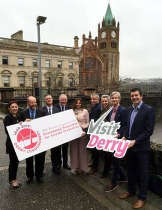 Pictured at the launch of Derry's bid to host the World Congress of the International Association for Suicide Prevention (I.A.S.P.) on Derry's walls on Wednesday. From left to right, Siobhan O'Neill (professor of mental health, Ulster University); Fergus Comesky (CEO Contact); Ciaran Doherty (Tourism Ireland); Gary McGale; Mayor of Derry and Strabane, Colr. Elisha McCallion; Odhran Dunne (Visit Derry); Aoife McHale (Visit Derry); Rory O'Connor (professor of physcology, University of Glasgow) and Greg Carew (Abbey Conference and Corporate Ireland).