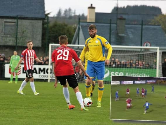 Paddy McCourt in action for Finn Harps against Derry City. Inset: Paddy McCourt scores a wonder goal against Sligo Rovers.
