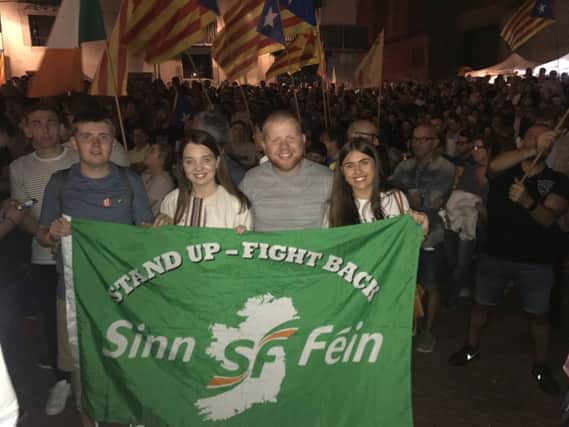 The Derry contingent of the delegation took part in a torchlight vigil in Barcelona's old city  in support of freedom for Catalunya ahead of the Catalan National Day, where they joined tens of thousands on  the streets 
L-R CaolÃ¡n McGinley ,DÃ¡ire Lamberton, Joe Dunn and Lauren Hegarty.