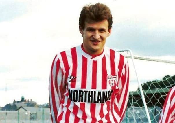 Former Derry City striker, Alex Krstic pictured playing for the Candy Stripes in the late 1980s.