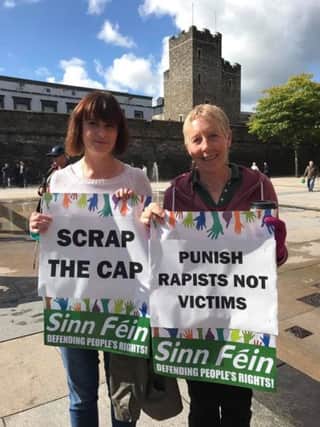 Councillor Caoimhe McKnight with Daisy Mules at the protest in Derry on Thursday.