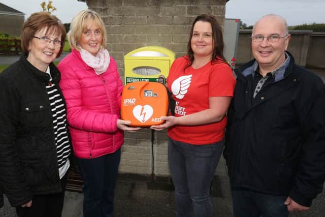 Kevin Kings family pictured with Karen McCammon from BHF NI.  [L-R] Kevins mum Margaret King, aunt Kathleen McShane, Karen McCammon and dad John King.