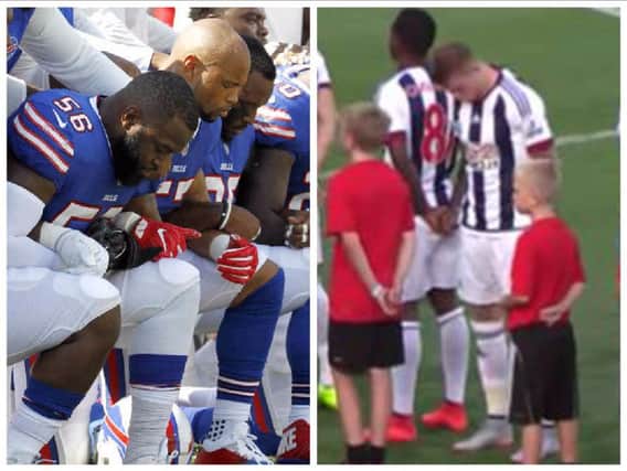 The Buffalo Bills take a knee during the American national anthem and James McClean stands with his head down during a rendition of God Save The Queen in 2015.