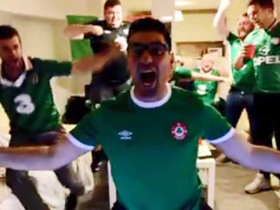 Bran Doyle and some of his friends celebrate James McClean's goal against Wales on Monday. (Photo/Video: The Bar Stoolers)