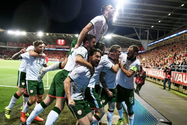 9 October 2017; James McClean, second from right, celebrates after scoring his side's goal with his Republic of Ireland team-mates including, Jeff Hendrick, Harry Arter, Robbie Brady, Shane Duffy and David Meyler during the FIFA World Cup Qualifier Group D match between Wales and Republic of Ireland at Cardiff City Stadium in Cardiff, Wales. Photo by Stephen McCarthy/Sportsfile