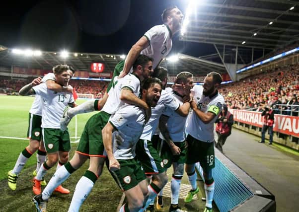 9 October 2017; James McClean, second from right, celebrates after scoring his side's goal with his Republic of Ireland team-mates including, Jeff Hendrick, Harry Arter, Robbie Brady, Shane Duffy and David Meyler during the FIFA World Cup Qualifier Group D match between Wales and Republic of Ireland at Cardiff City Stadium in Cardiff, Wales. Photo by Stephen McCarthy/Sportsfile