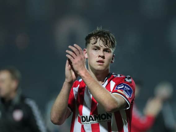 PARTY POOPER . . . Derry City defender, Ben Doherty is determined to spoil the party for champions elect, Cork City at Turners Cross on Monday night.