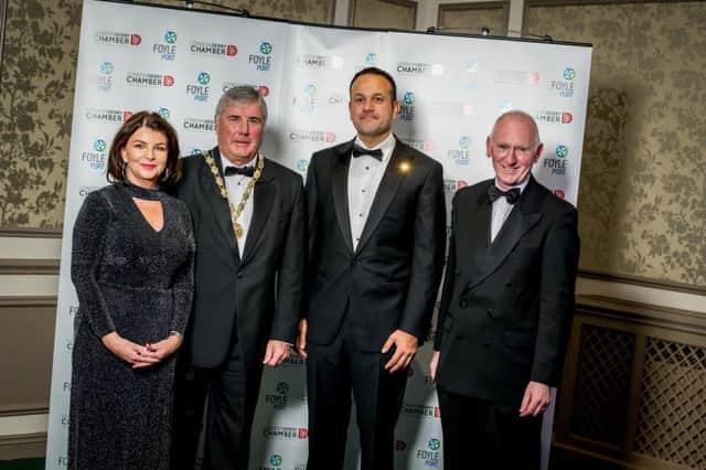 Taoiseach Leo Varadkar TD with the President of Londonderry Chamber of Commerce George Fleming, Chief Executive Sinead McLaughlin and Chief Executive of Foyle Port, Brian McGrath.